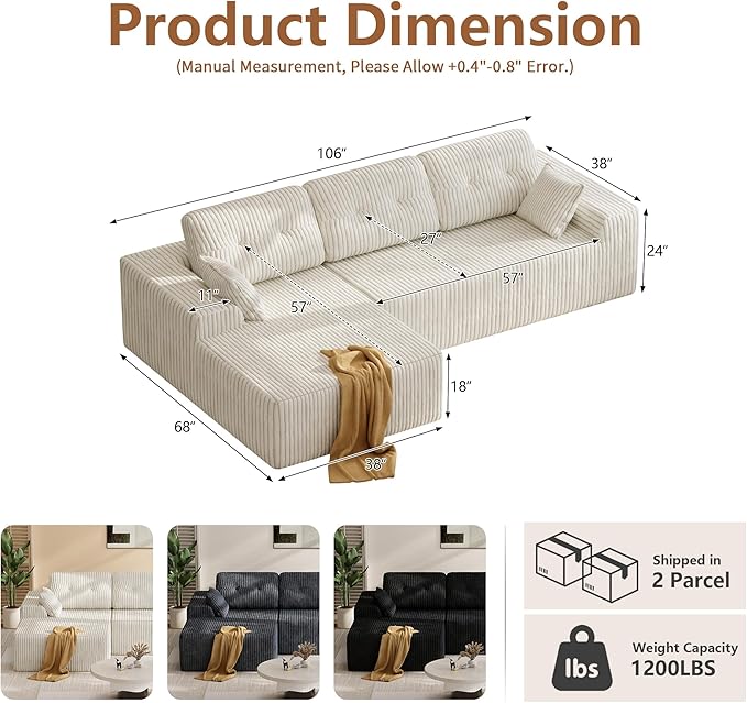 Ball & Cast 106" Cloud Modular Sectional Sofa, Boneless Corduroy Couch with Deep Seat, Comfy L-Shaped Sectional, Modern Upholstered Sofa for Living Room, No Assembly (Beige, Left Facing Chaise)