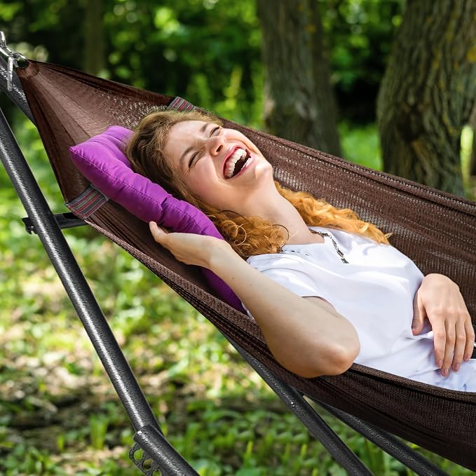 Tranquillo Universal Double Hammock with Stand Included for 2 Persons/Foldable Hammock Stand 600 lbs Capacity Portable Case - Inhouse, Outdoor, Camping, Brown - Image 5
