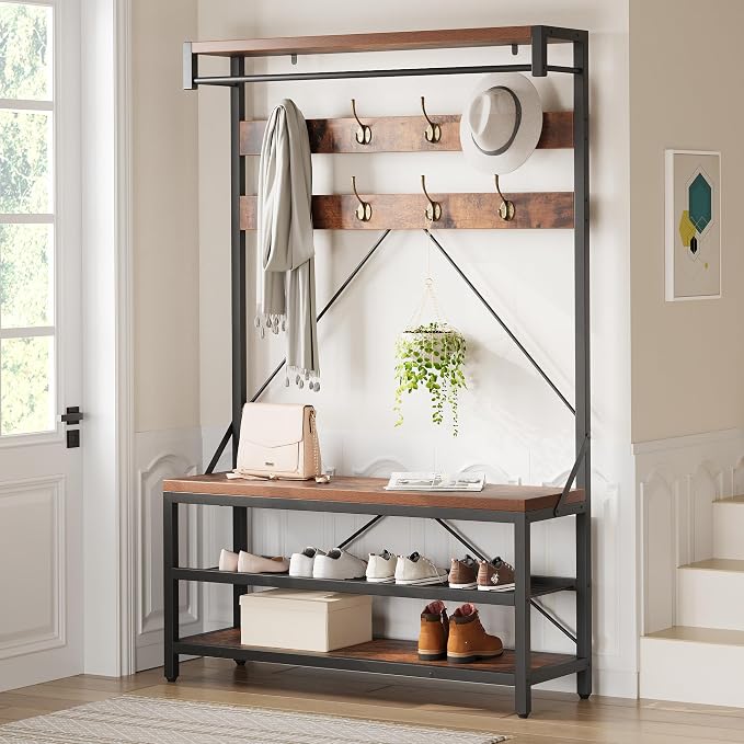 IDEALHOUSE Coat Rack Shoe Bench Industrial Hall Tree Storage Bench for Entryway Wood Look Accent Large Shoe Rack with Storage Shelf Hanging Bar,8 Hooks Grey 39.9"x15.7"x72" by IDEALHOUSE