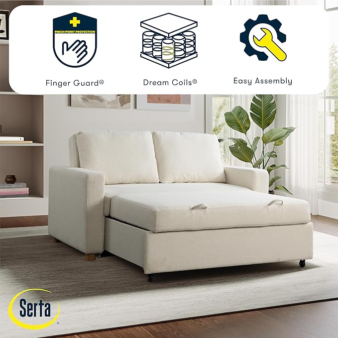 Serta Tulsa 66.1" Convertible Sleeper Loveseat, Full Size, Dreamcoil Comfort, FingerGuard Pinch Point Protection, Boucle Fabric, Ivory
