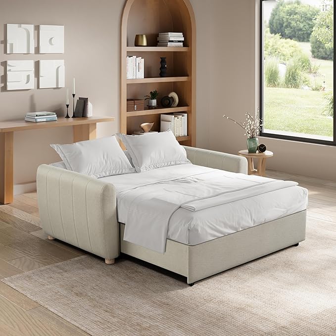 Serta Galway 66.5" Convertible Sleeper Loveseat, Full Size, Dreamcoil Comfort, FingerGuard Pinch Point Protection, Soft Woven Fabric, Beige
