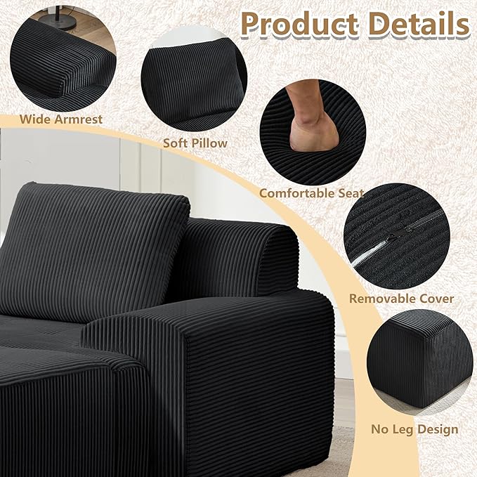 KIGOTY Modular Sectional Sofa, 2 PCS Comfy Cloud Sectional, Corner Couch, Modern Boneless Couch for Living Room, No Assembly Required,Black