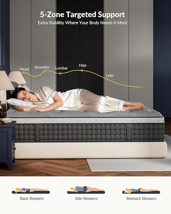 Extra Firm Queen Mattress 14 inch, Cooling Hybrid Mattress in a Box with 5-Zone Support, Luxury Hotel-Collection Design, Enhanced Back & Hip Support, Fiberglass-Free & CertiPUR-US, 365-Night Trial