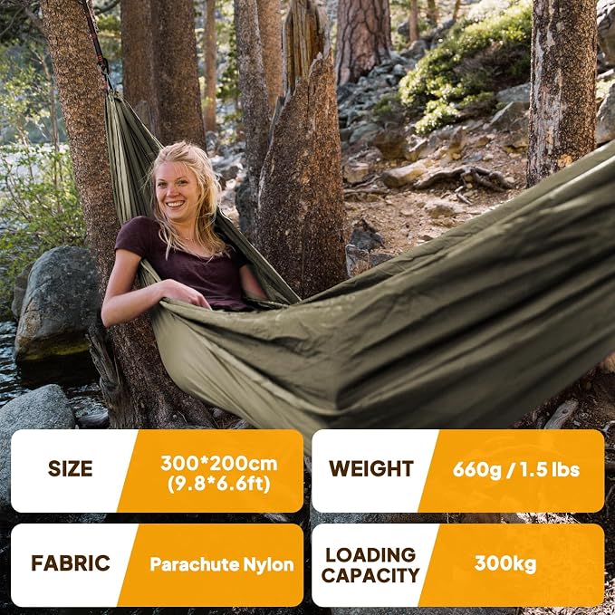 NATUREFUN Ultra-Light Travel Camping Hammock | 300kg Load Capacity,Breathable,Quick-Drying | 2 x Premium Carabiners,2 x Nylon Slings Included | Outdoor Indoor Garden - Image 2