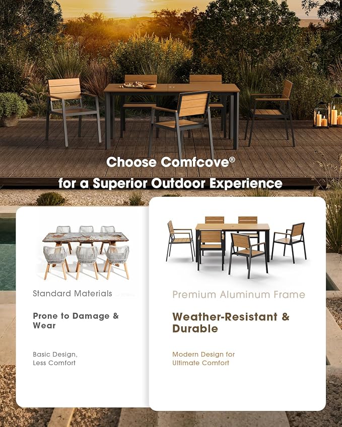 Outdoor Dining Set for 4, Aluminum Patio HDPS Outdooor Table and Chairs Set with Umbrella Hole, All Weather Patio Furniture Set, 5 Peice Patio Dining Table Set (Gray & Teak) - Image 3