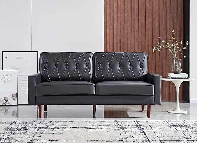 Container Furniture Modern Style Faux Leather Sofa with Elegant Round Tapered Legs and Button Tufted Backrest Perfect for Living Room, Bedroom or Home Office, 69.3’’ Wide, Black