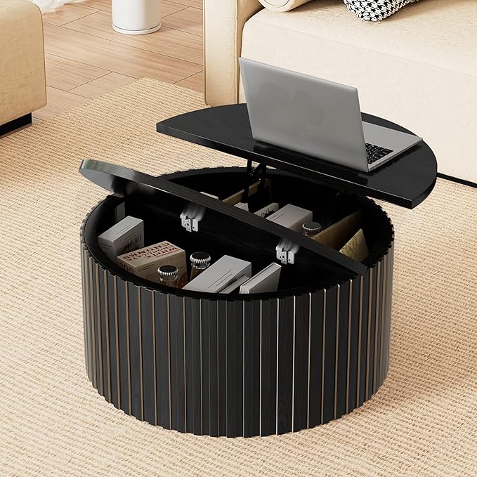 Fluted Lift Top Coffee Table with Storage, 31.5'' Farmhouse Round Coffee Tables for Living Room, Modern Wood Center Tables with Hidden Compartment for Home, Office (Black)