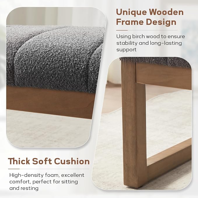 Zihanhome 52.7" Bedroom Bench for End of Bed, Modern Upholstered Teddy Fabric Entryway Bench & Dining Bench, Footrest Stool Bench with Solid Wood Frame for Bedroom, Living Room (Grey) - Image 5
