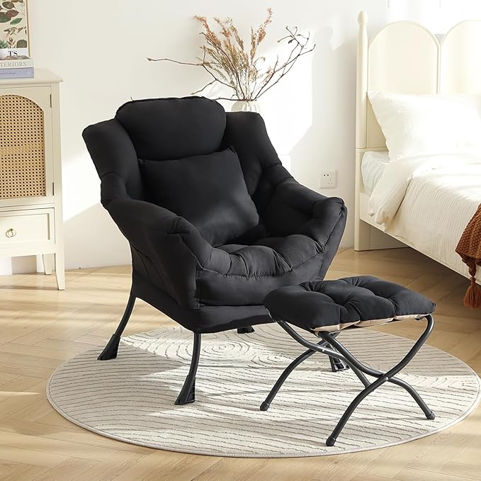 Lazy Chair with Ottoman, Large Accent Chair with Ottoman and a Throw Pillow, Black Reading Chair for Living Room Bedroom Dorm Room Office Apartment Relaxing Use