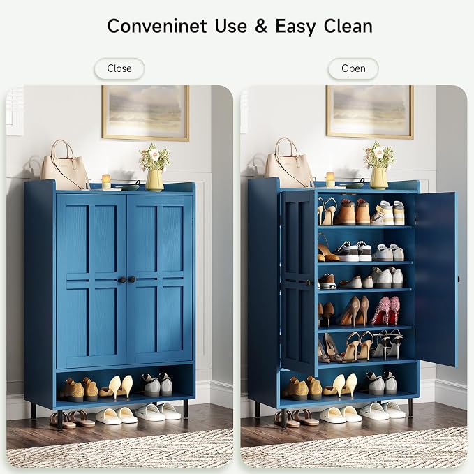 ONBRILL Shoe Cabinet with Cross Molding Doors, 6-Tier Shoe Storage Cabinet with 3 Adjustable Shelves and Metal Legs, 45'' Tall Shoes Rack Organizer Cabinet for Entryway, Front Door, Blue - Image 8