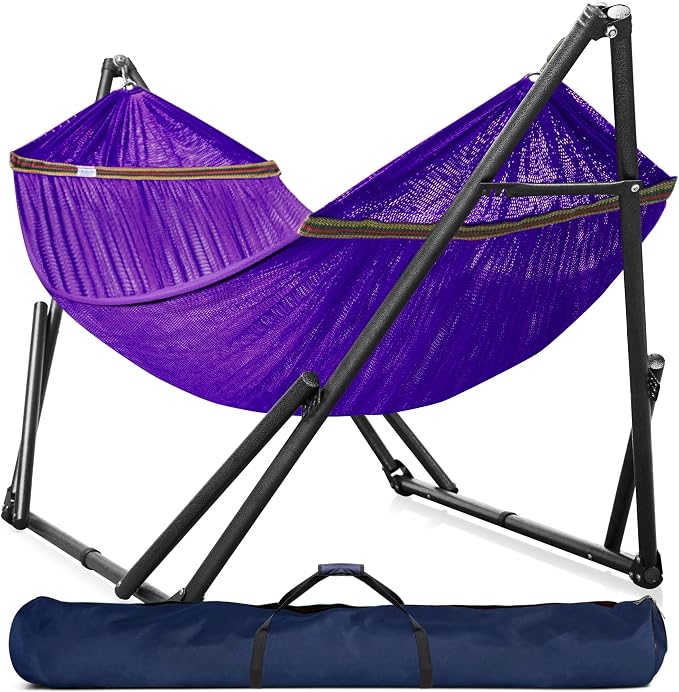 Tranquillo Universal Double Hammock with Stand Included for 2 Persons/Foldable Hammock Stand 600 lbs Capacity Portable Case - Inhouse, Outdoor, Camping, Purple by Tranquillo