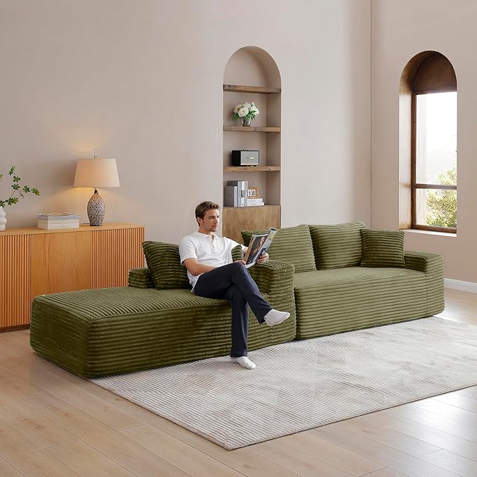 105-Inch L-Shaped Left Facing Corner Compressed Sofa Modular Sectional Boneless Cloud Sofa Floor Foam Couch with Chaise Lounge, Corduroy Corner Boneless Cloud Couch
