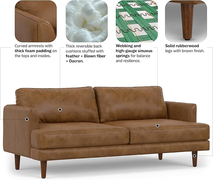 SIMPLIHOME Livingston Sofa - 76 inch Wide Top Grain Genuine Leather Sofa in Caramel Brown, Mid-Century Modern Loveseat for Living Room with Removable Feather-Wrapped Cushions and Solid Wood Frame