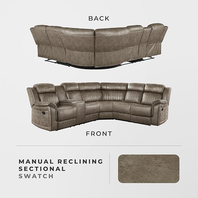Lexicon Reclining Sectional Couches for Living Room, Modern Sofa, L Shape Sectional Couch with Drop-Down Cup Holders and Storage Arms, Manual Recliner Sectional Sofa, Sandy Brown