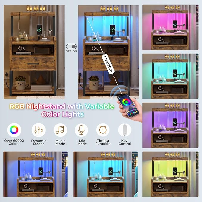VIAGDO Nightstand with Charging Station and LED Lights, Rustic Brown Night Stand with Drawer, Modern End Side Table with Open Storage Shelves, Bedside Tables for Bedroom, Office - Image 3