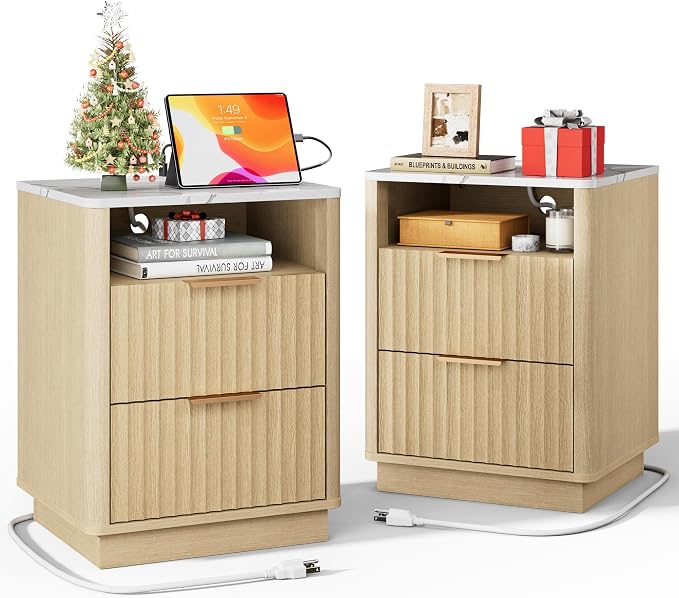 Fluted Nightstand, Night Stand Set 2, Nightstands Set of 2 with Charging Station and Faux Marble Top, 2 Drawers End Table w/Storage, Modern Bedside Table for Bedroom Living Room,Natural Oak by FavourLife
