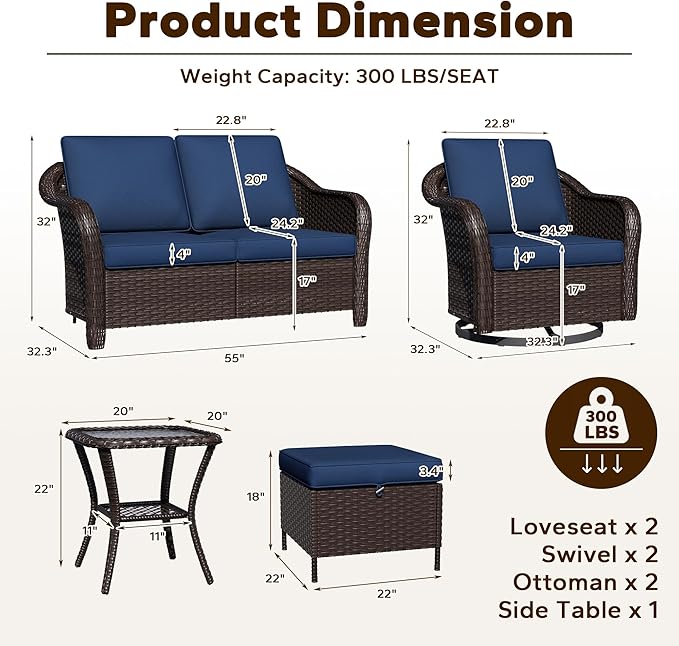 7 Piece Patio Wicker Conversation Set, 2 All-Weather Use Outdoor Wicker Loveseat with 2 PE Rattan Ottomans,2 Swivel Chair, 1 Side Table, Ideal for Porch, Backyard, Balcony, Poolside, Blue