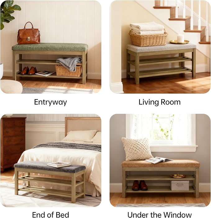 VKNOW 44.3” Wooden Entryway Bench, 2-Tier Upholstered Shoe Storage Bench for Bedroom, Storage End of Bed Bench with Rubberwood Legs for Living Room, Hallway, Black - Image 6
