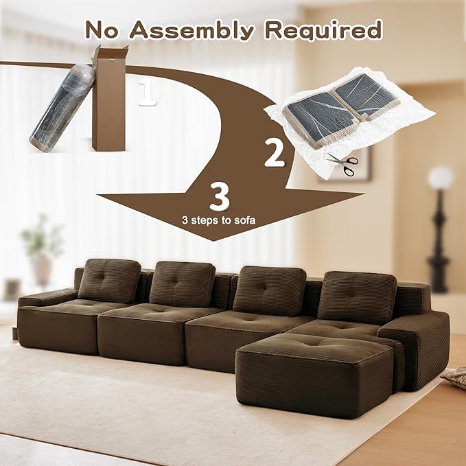 Casaphoria 150'' Corduroy Cloud Couch, 4-Seat L-Shaped Sectional Sofa with 4 Pillows & Ottoman for Living Room, Deep Seat Boneless Couch for Modern Apartment, No Assembly Required, Brown