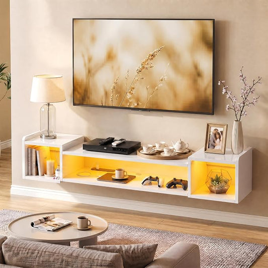 55.1"W Floating TV Stand with LED Lights & Power Outlets for 50 55 60 65 Inch TV Wall Mounted Entertainment Center with Storage for Living Room Wood Media Console Shelf White TV Shelf Wood for Bedroom by Romorgniz