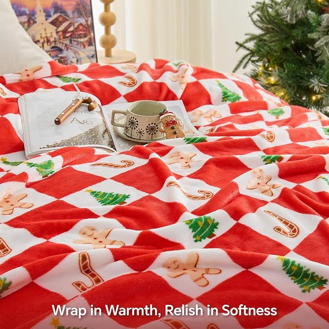 BEDELITE Christmas Throw Blanket ?€? Red and White Checkered Holiday Blanket with Gingerbread Man, Candy Cane & Christmas Tree Pattern, Soft Warm Fleece Christmas Blanket for Home D??cor & Gift, 50"x60"