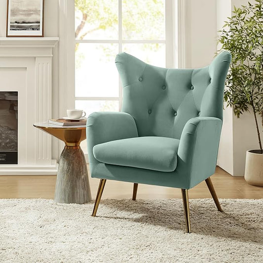 HULALA HOME Velvet Accent Chair, Modern Wingback Arm Chair with Metal Gold Legs, Velvet Tufted Upholstered for Living Room Bedroom, Dining Room(SAGE)
