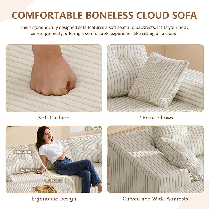 Ball & Cast 106" Cloud Modular Sectional Sofa, Boneless Corduroy Couch with Deep Seat, Comfy L-Shaped Sectional, Modern Upholstered Sofa for Living Room, No Assembly (Beige, Left Facing Chaise)
