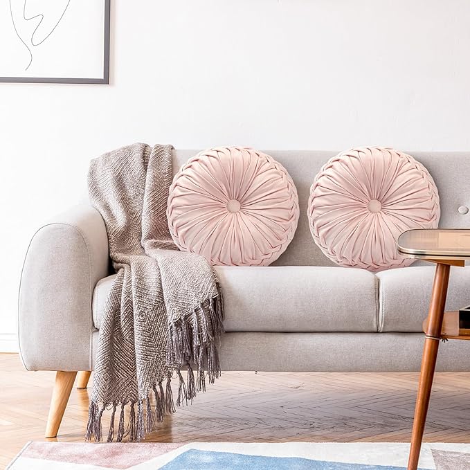 Beeveer 4 Pcs Round Throw Pillows 15 Inch Decorative Velvet Pleated Pumpkin Pillows Boho Floor Pillow with Center Button for Living Room Couch Chair Bed Sofa Home Decoration (Light Pink)
