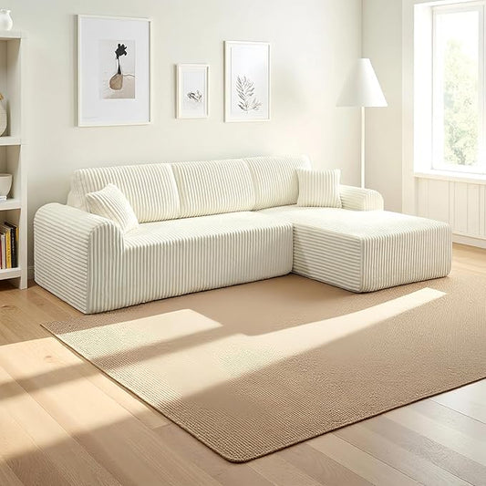 109-Inch L-Shaped Right Facing Boneless Corner Sofa 2 PCS Modular Sectional Cloud Sofa Couch with Chaise Lounge and Toss Pillow, Corduroy Boneless L-Shaped Couches