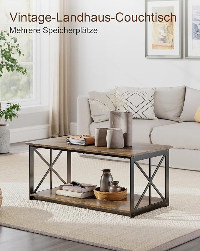 Rectangle Coffee Table for Living Room, Wood Rustic Coffee Table with 2 Tier and Metal Frame, Industrial Modern Center Table, Rustic Brown