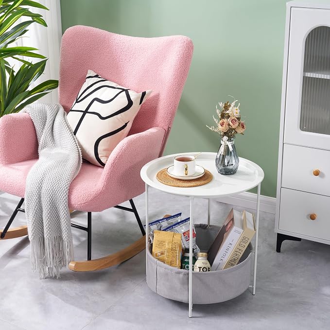 VECELO Round Side/End Table with Fabric Storage Basket，Metal Anti-Rust and Waterproof Small Bedside Nightstand with Removable Tray Top for Living Room，Balcony & Laundry，Beige/2pcs with Basket - Image 4