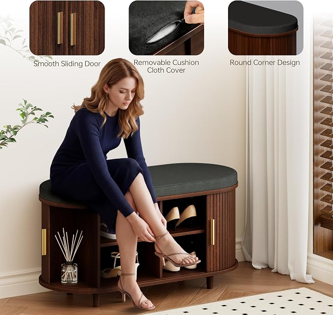 DHH 2-Tier Storage Bench,Wide Shoe Bench with Thickened Padded Seat Cushion, Mid Century Modern Fluted Sliding Door and Adjustable Shelf, for Entryway, Living Room, Bedroom (Walnut, 35.4“) - Image 8