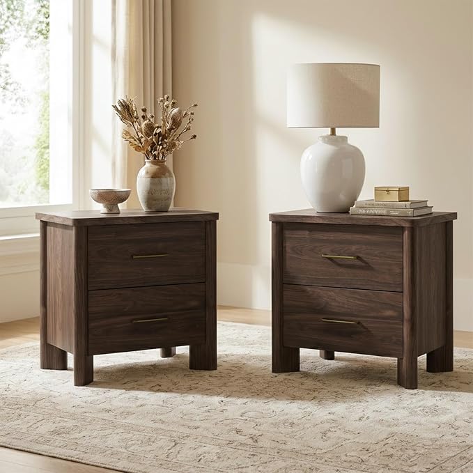 24/7 Shop at Home Sawer Modern 23-inch Wood Nightstand Set of 2 with 2 Drawers and USB Ports, Wooden Night Stand for Bedroom, Apartment, Small Bedside Table, Walnut by 247SHOPATHOME