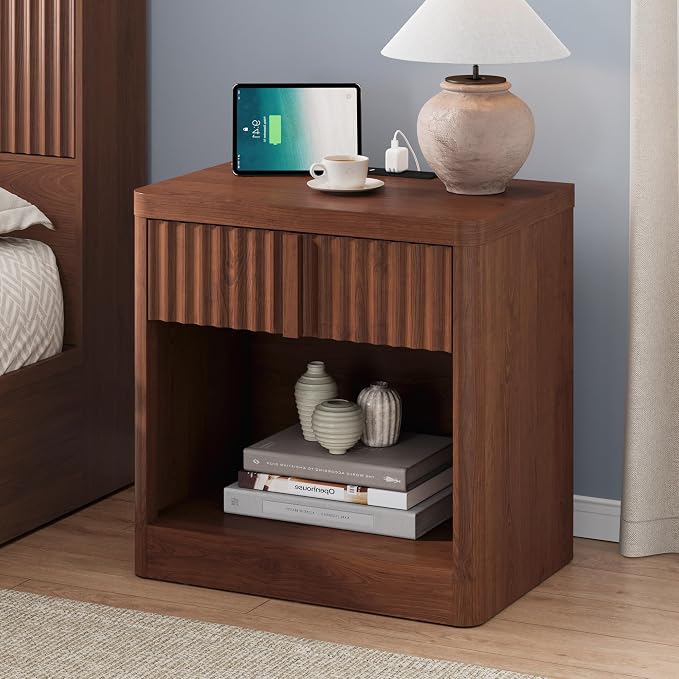Fluted Nightstand with Charging Station, 23.6" Night Stand with Solid Wood Handle, End Table with Curved Profile Design, Mid Century Moden Bedside Table for Bedroom, Living Room, Walnut by Harpaq