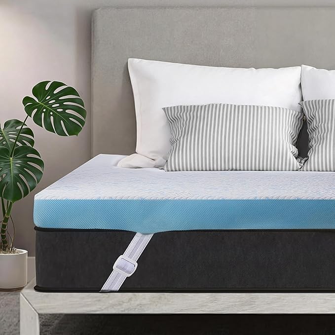 OhGeni Memory Foam Mattress Topper Pad, Soft Bed Cover with Anti-Slip Base, Size Queen, Style 2 Inch with Cover and Straps