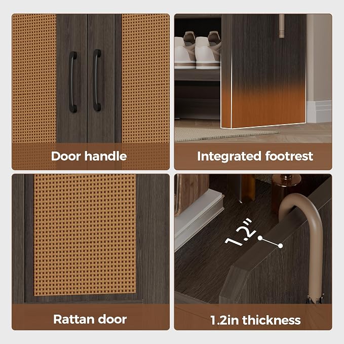 Mericonia 6-Tier Shoe Cabinet Storage for Entryway, Rattan Shoes Organizer Cabinets with Doors, Wooden Shoe Rack, Farmhouse Boho Wood Storage Cabinet (Black, 6-Tier) - Image 3