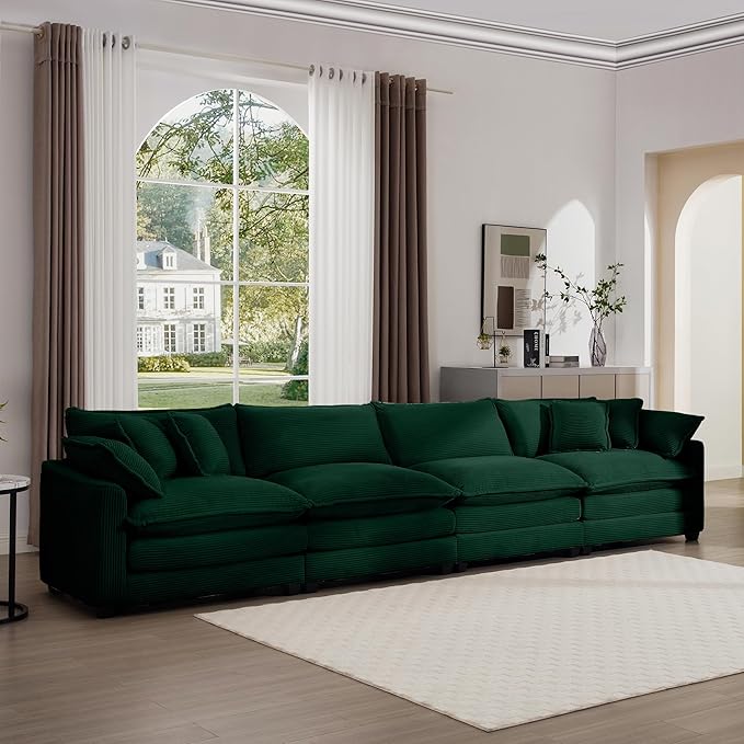 KEIKI 150" Oversized Corduroy Modular Sectional Cloud Sofa with High-Density Foam Cushions, Removable Armrests, Upholstered Modern 4-Seater Fluffy Corner Couch with 6 Pillow, for Living Room, Green