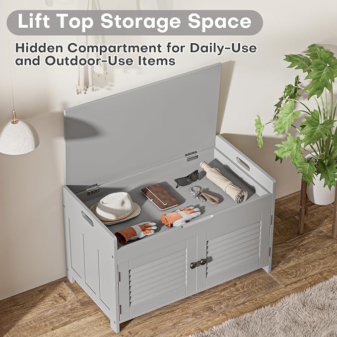 WARMHONIU Shoe Storage Bench with Lift Top Storage, Entryway Bench with Cushioned Seat, Adjustable Shelf, 2 Tier Shoe Rack with Doors for Entryway, Bedroom, Hallway, Mudroom, Grey - Image 3