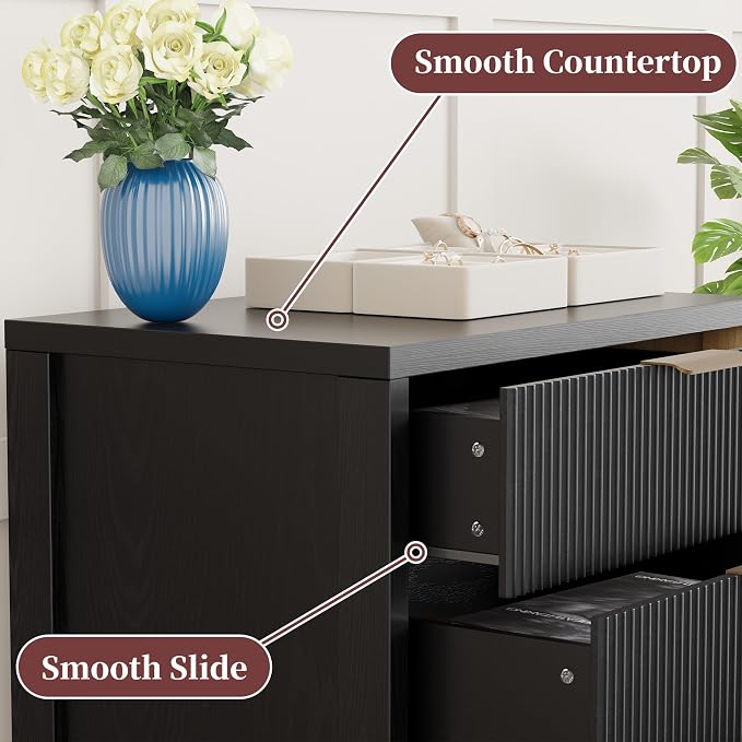 Fluted Nightstand, 23.7'' Wide Night Stand with 3 Drawers, Mid-Century Modern Bedside Table with Handles, Wood End Table for Bedroom, Black - Image 5