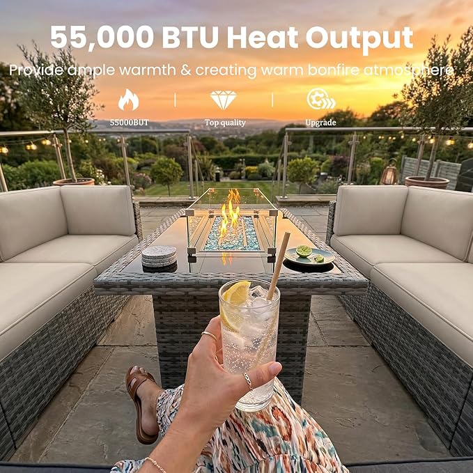 15 Pieces Patio Furniture Set with 44" Propane Gas Fire Pit Table, Outdoor Sectional Wicker Conversation Sofa Sets with Coffee Table