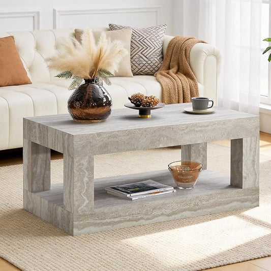 LKTART 39.37" Faux Travertine Stone Coffee Table with Storage, 2-Tier Mid Century Rectangular Accent Table with Thick Tabletop, Rustic Style Cocktail, Center Table for Living Room, Office(Beige)