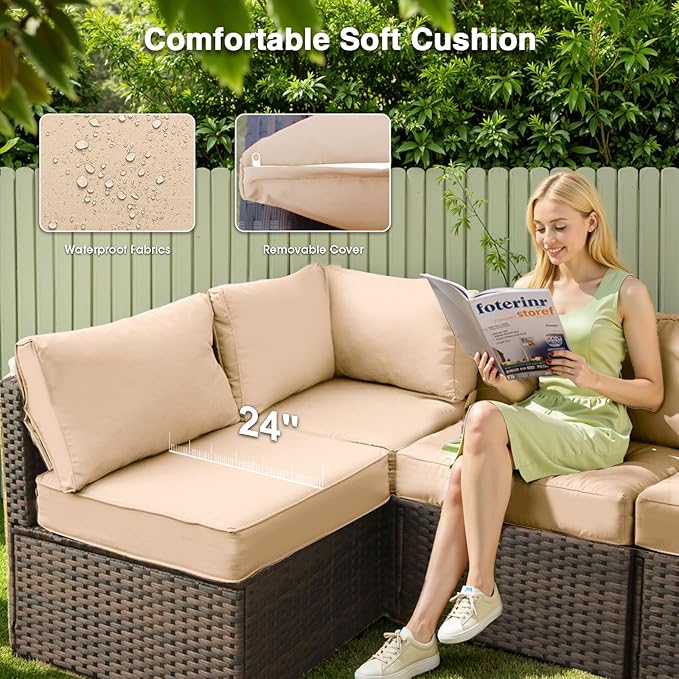 9 Piece Patio Furniture Set All Weather PE Rattan Outdoor Sectional Sofa Couch with No-Slip Cushions and Glass Top Table for Garden, Poolside, Backyard (Beige)