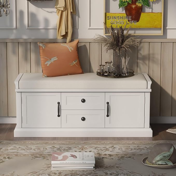 GDFStudio Rustic Storage Bench with 4 Doors 2 Draws Adjustable Shelves Removable Cushion Rectangular Cabinet Foot Rest Stool Solid Wood Shoe Bench Seating for Entryway Living Room, White by GDFStudio
