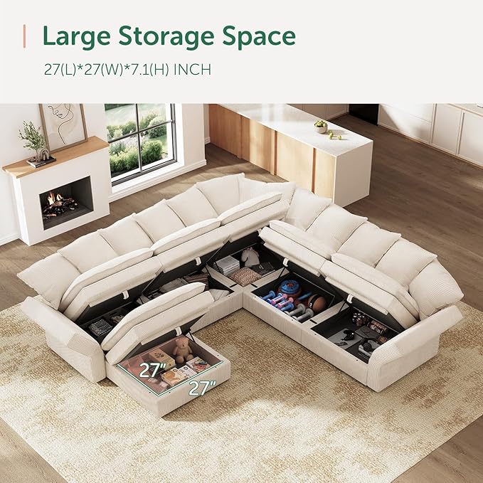 HONBAY Modular Sectional Sofa, 6 Seat U Shaped Corduroy Couch with Storage & Pillows, Convertible Sectional Couches for Living Room, Beige