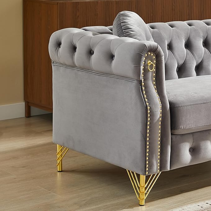 ERYE 82-Inch Button Tufted Sofa Couch with 2 Round Pillows, 3 Seat Velvet Tufted Sofa Spacious Chesterfield Loveseat Couches W/Nailhead Decor,Ring Accent & Golden Legs