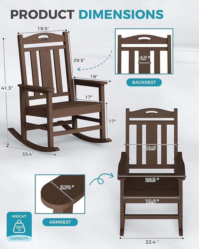 Ciokea Oversized Outdoor Rocking Chairs Set of 2, 380lbs Heavy-Duty Large Patio Rocker, High Back Cozy Porch Chairs, Weather Resistant Patio Rocking Chairs for Outside, Fire Pit, Deck, Brown - Image 2