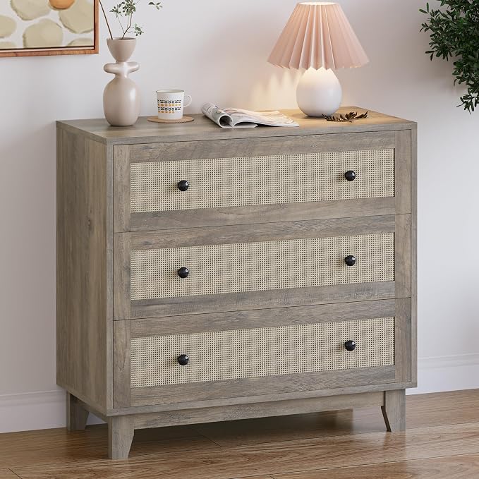 3 Drawer Dresser for Bedroom, Boho Small Natural Rattan Closet Dressers Chest of Drawers, Modern Wood Clothes Storage Organizer with Wooden Feet and Handles for Hallway, Living Room, Entryway, Grey - Image 4