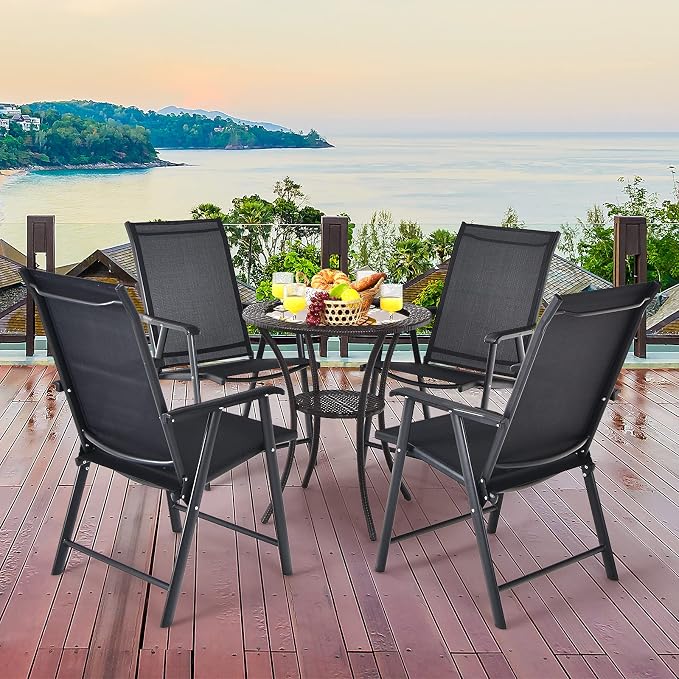 Giantex Set of 4 Patio Folding Chairs, Outdoor Chairs with Armrest, Portable Dining Chairs for Porch Camping Pool Beach Deck Lawn Garden, 4-Pack Patio Chairs, Metal Frame, Black - Image 7