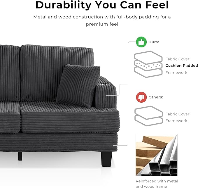 Homes: Inside + Out Reese Modern Plush Chenille Couch with Side Pockets, Cup Holders and USB Ports, Wooden Comfortable Sofa for Living Room, Bedroom and Office, Beige