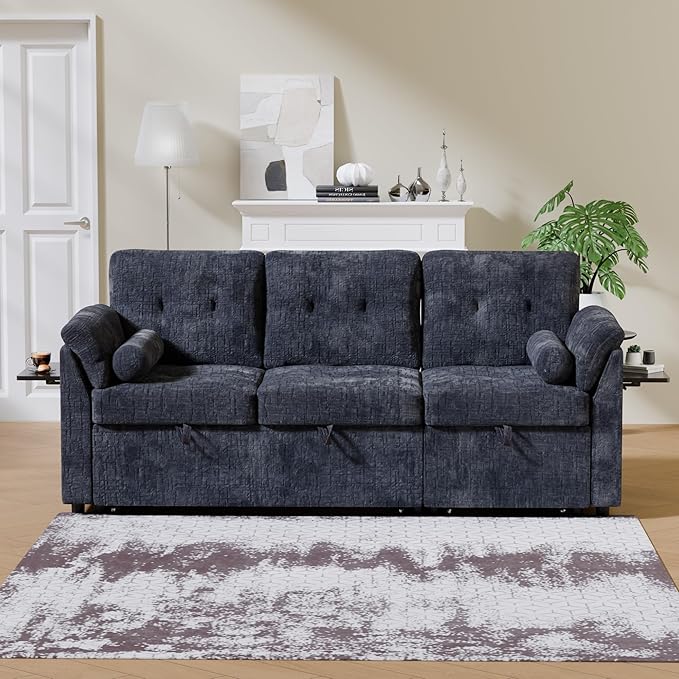 3 in 1 Convertible Sofa Bed, Chenille Pull Out Couch with Side Table, 3 Seat Pull Out Sofa Bed with Level Adjustable Backrest, Comfy Sleeper Sofas for Living Room, Apartment, Blue